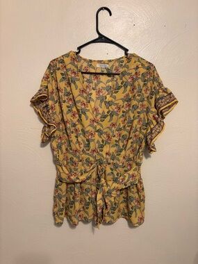 Max Studio Floral Tie Front Blouse XL Mustard Yellow Boho Top